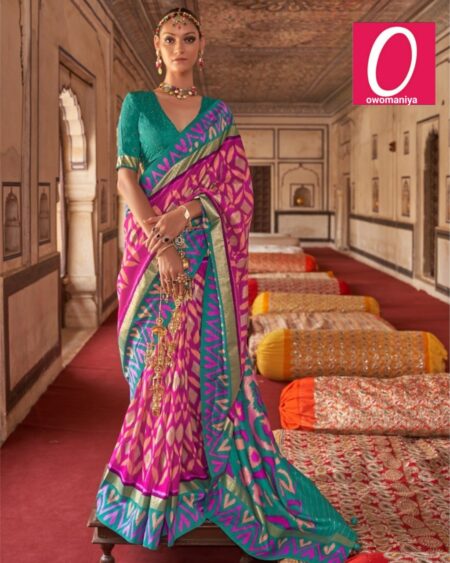 Patola pink and blue dola silk saree with elegant zari border
