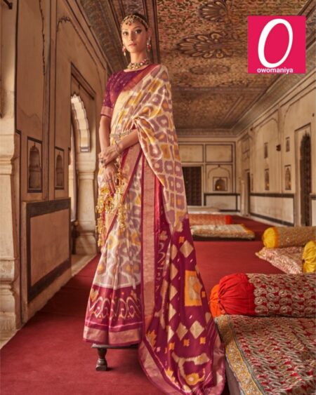 Patola white and purple dola silk saree with elegant zari border