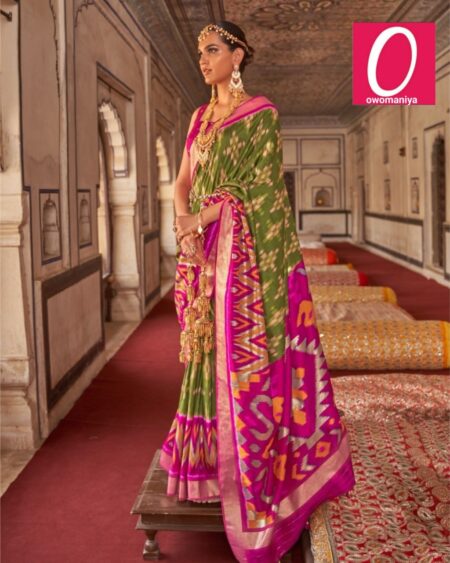 Patola mehendi printed silk blend saree with matching blouse