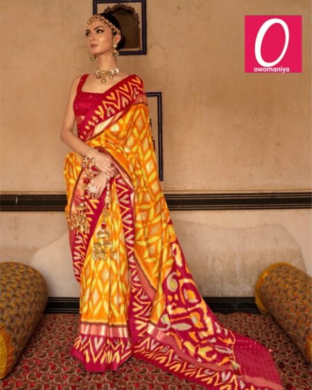 Patola yellow silk blend saree with matching blouse