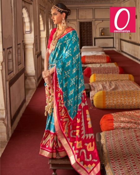 Patola blue silk blend saree with woven designer patterns and unstitched blouse piece