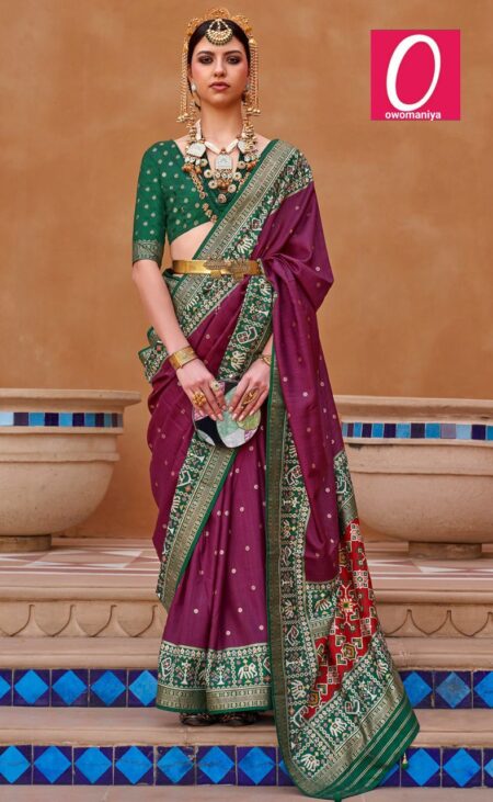 Patola Silk Saree in Mulberry Zari Weaving with Green Border & Unstitched Blouse