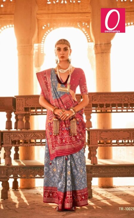 Patola steel grey ikat printed silk saree with red contrast border and unstitched blouse