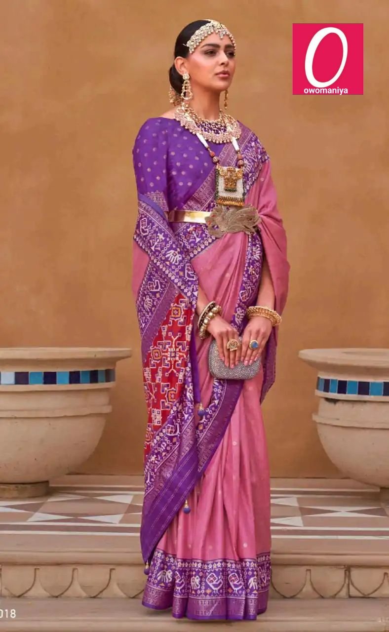 Patola Silk Saree in Pink Zari Weaving with Purple Border & Unstitched Blouse