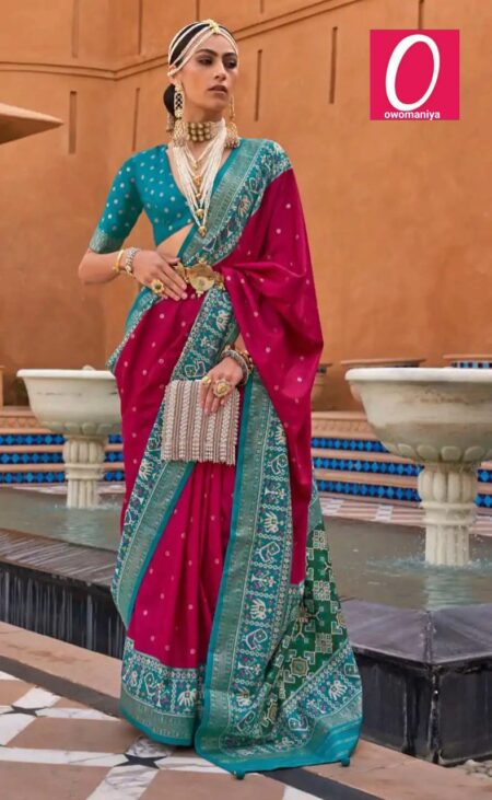 Patola Silk Saree in Rani Pink Zari Weaving with Teal Green Border & Unstitched Blouse