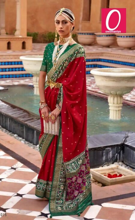 Patola Silk Saree in Red Zari Weaving with Green Border & Unstitched Blouse