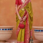 Patola Silk Saree in Lime Green Zari Weaving with Red Border & Unstitched Blouse