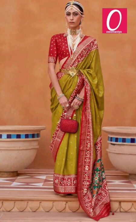 Patola Silk Saree in Lime Green Zari Weaving with Red Border & Unstitched Blouse