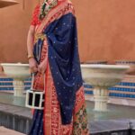 Patola Silk Blend Saree in Navy Blue & Red with Ethnic Motifs Woven Design