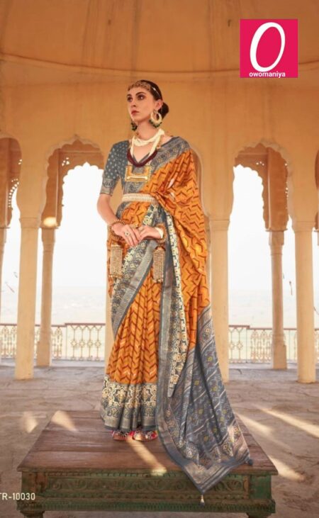 Patola traditional yellow ikat printed silk saree with dark grey border