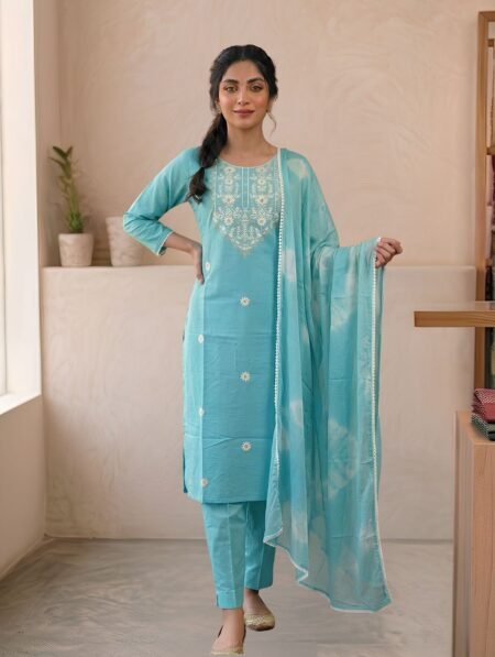 Sky Blue Mul Cotton Embroidered Kurta Set with Shibori Dupatta | 3-Piece Ethnic Wear