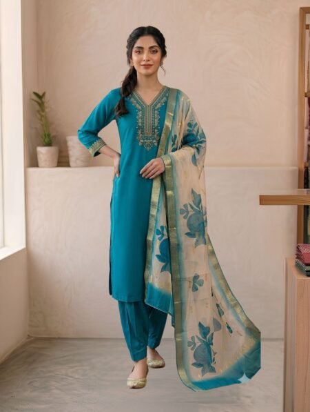 Teal Blue Vichithra Silk Embroidered Kurta Set with Organza Digital Print Dupatta