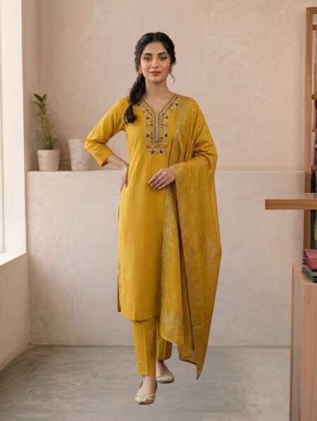 Mustard Yellow Roman Silk Embroidered Kurta Set with Sequin Dupatta | 3-Piece Set