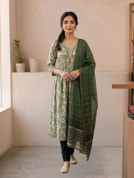 Olive Green Modal Silk Floral Print Anarkali Kurta Set with Zari Stripe Dupatta