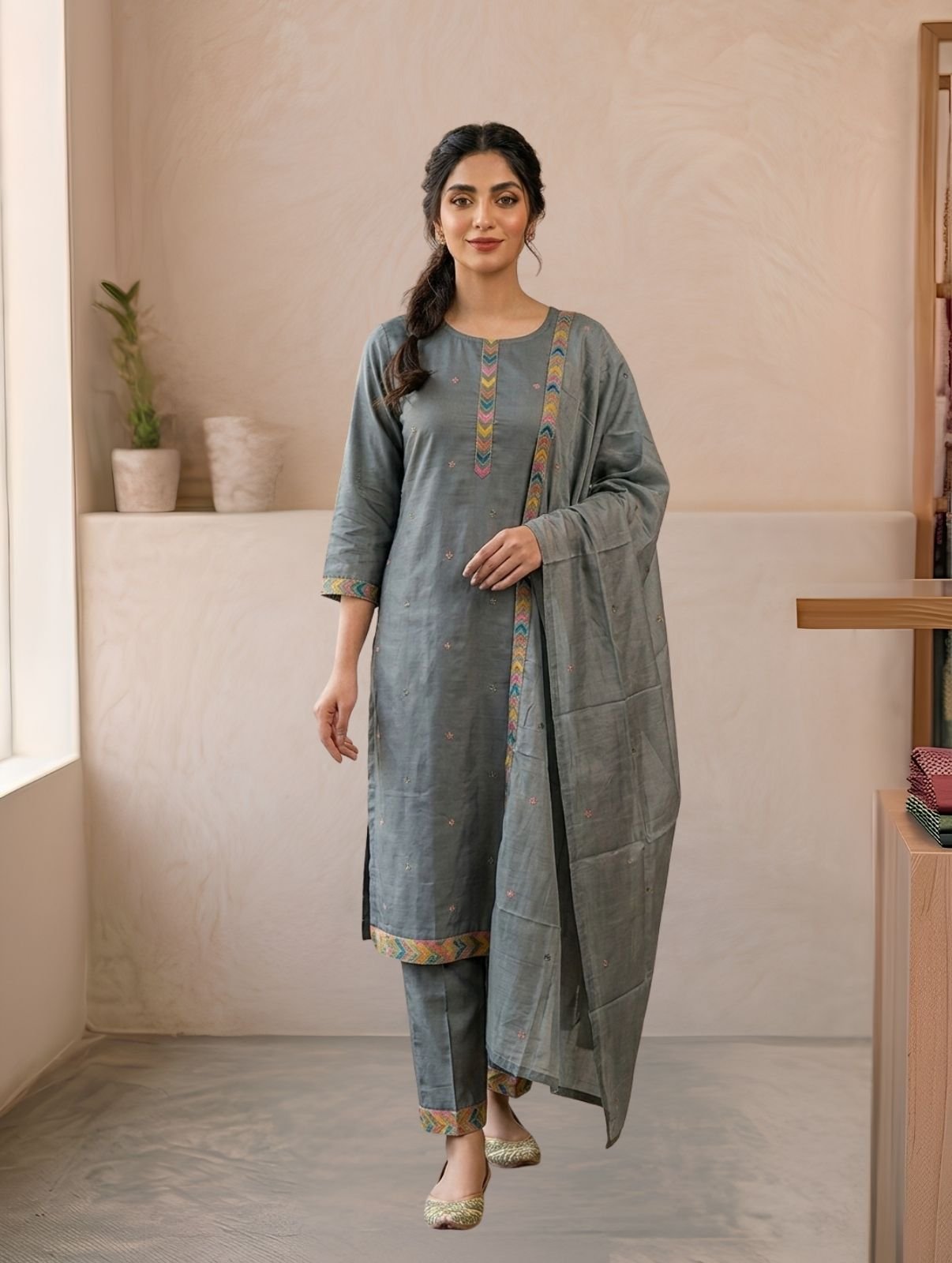 Steel Grey Cotton Silk Kurta Set with Multicolour Chevron Embroidery & Matching Dupatta