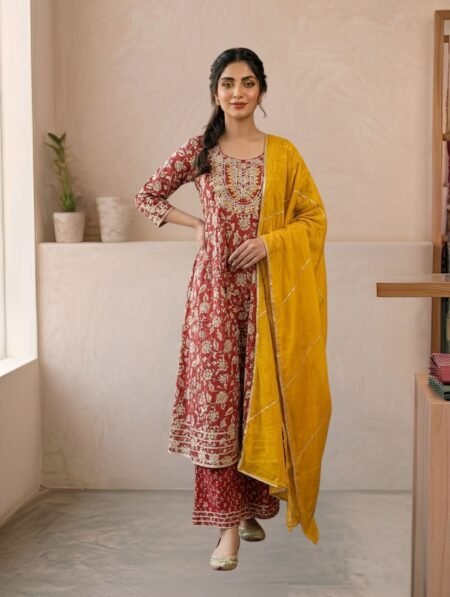 Red Ivory Cotton Floral Print Anarkali Kurta Set with Gotta Patti Embroidery & Mustard Dupatta