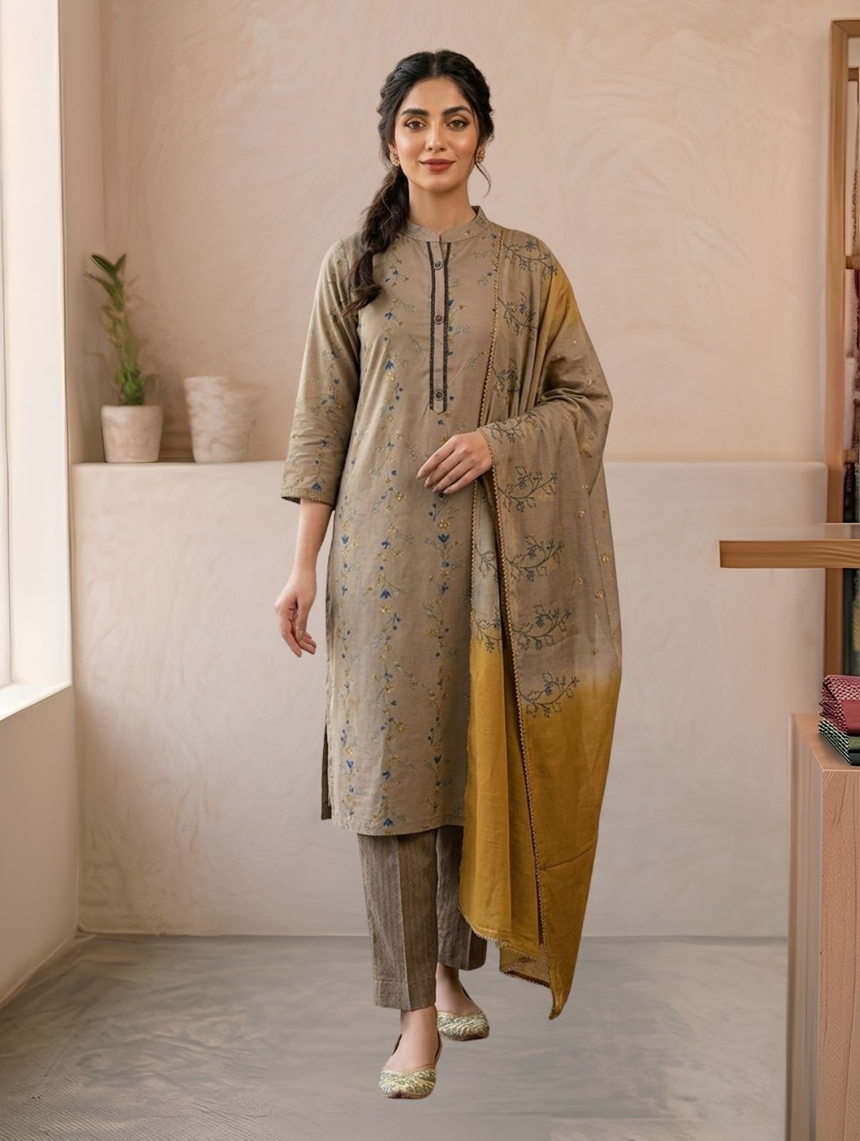 Khaki Beige Cotton Silk Floral Print Kurta Set with Mustard Ombre Dupatta
