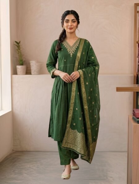 Bottle Green Roman Silk Nyra Cut Kurta Set with Banarasi Dupatta