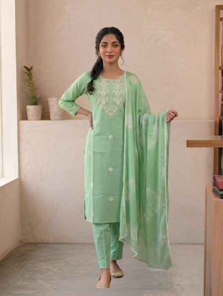 Mint Pista Green Mul Cotton Embroidered Kurta Set with Shibori Dupatta