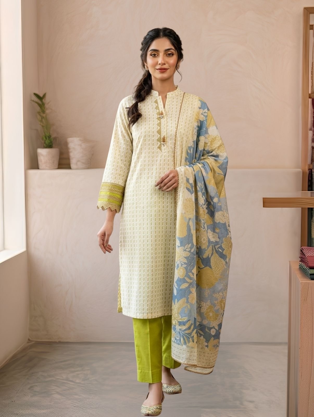 Ivory & Lime Green Pure Cotton Kurta Set with Blue Grey Floral Dupatta