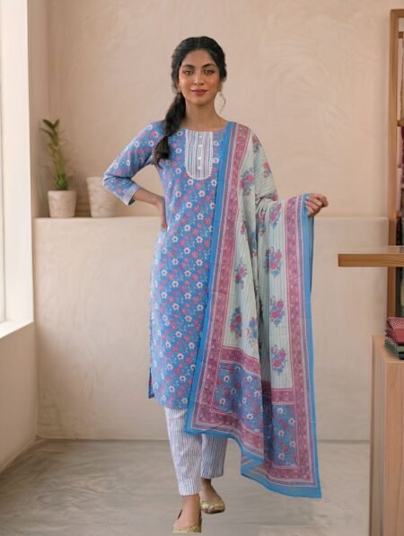 Cornflower Blue Pure Cotton Floral Print Kurta Set with Block Print Dupatta