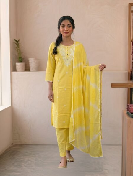 Sunshine Yellow Mul Cotton Embroidered Kurta Set with Shibori Dupatta