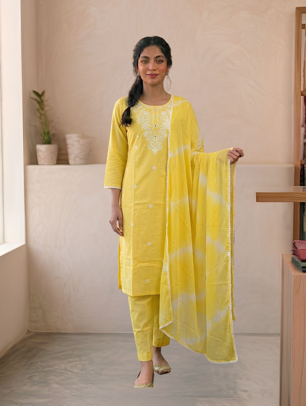 Sunshine Yellow Mul Cotton Embroidered Kurta Set with Shibori Dupatta
