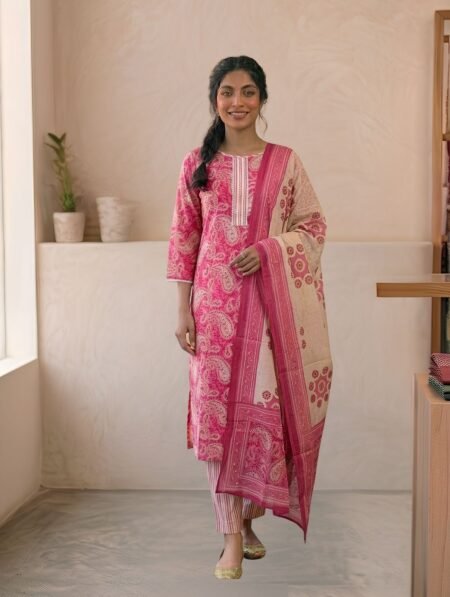Hot Pink & Ivory Pure Cotton Paisley Print Kurta Set with Block Print Dupatta