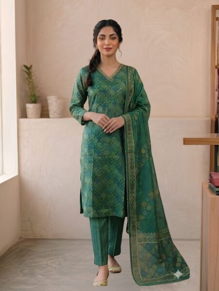 Teal Green Silk Bandhani Diamond Print Kurta Set with Matching Silk Dupatta