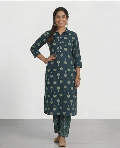 Teal Green Floral Booti Print Cotton Kurta & Palazzo Set