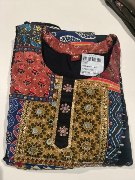 Black Cotton Silk Patchwork 3-Piece Ready-To-Wear Dress | Ajrak Block Print | Mirror Work & Sequin Embellished Suit