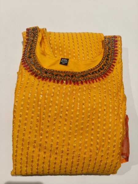 Mustard Yellow Embroidered 3-Piece Ready-To-Wear Dress | Mirror Work Neckline | Sequin Kundi Suit
