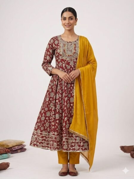 Maroon Jaipur Cotton Floral Anarkali Kurta Set with Mustard Dupatta