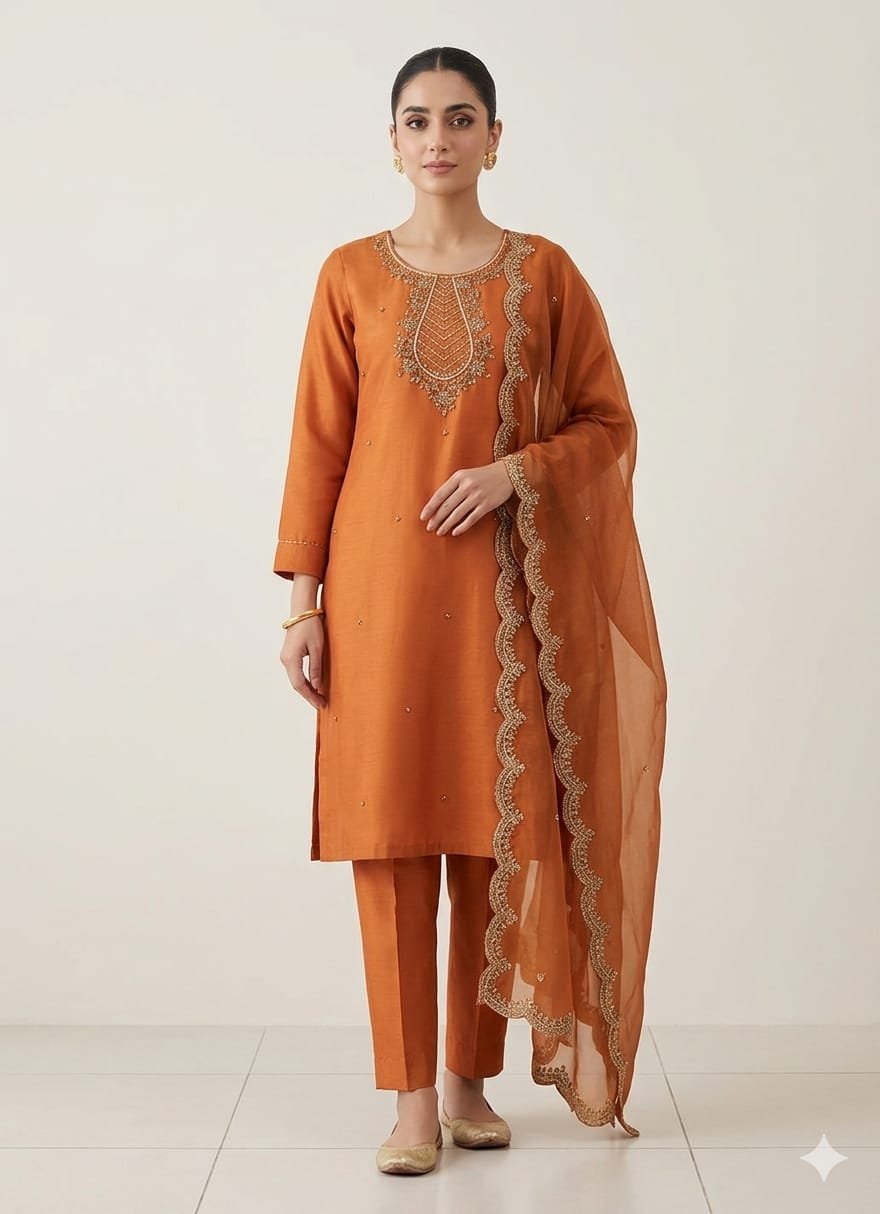 Burnt Orange Roman Silk Embroidered Kurta Set with Organza Dupatta
