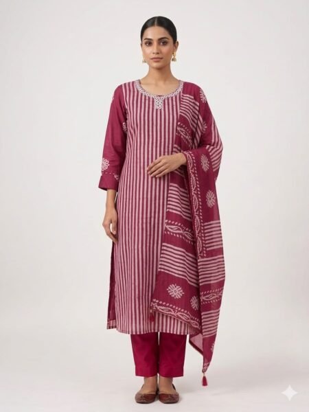 Magenta Cotton Silk Striped Kurta Set with Matching Dupatta