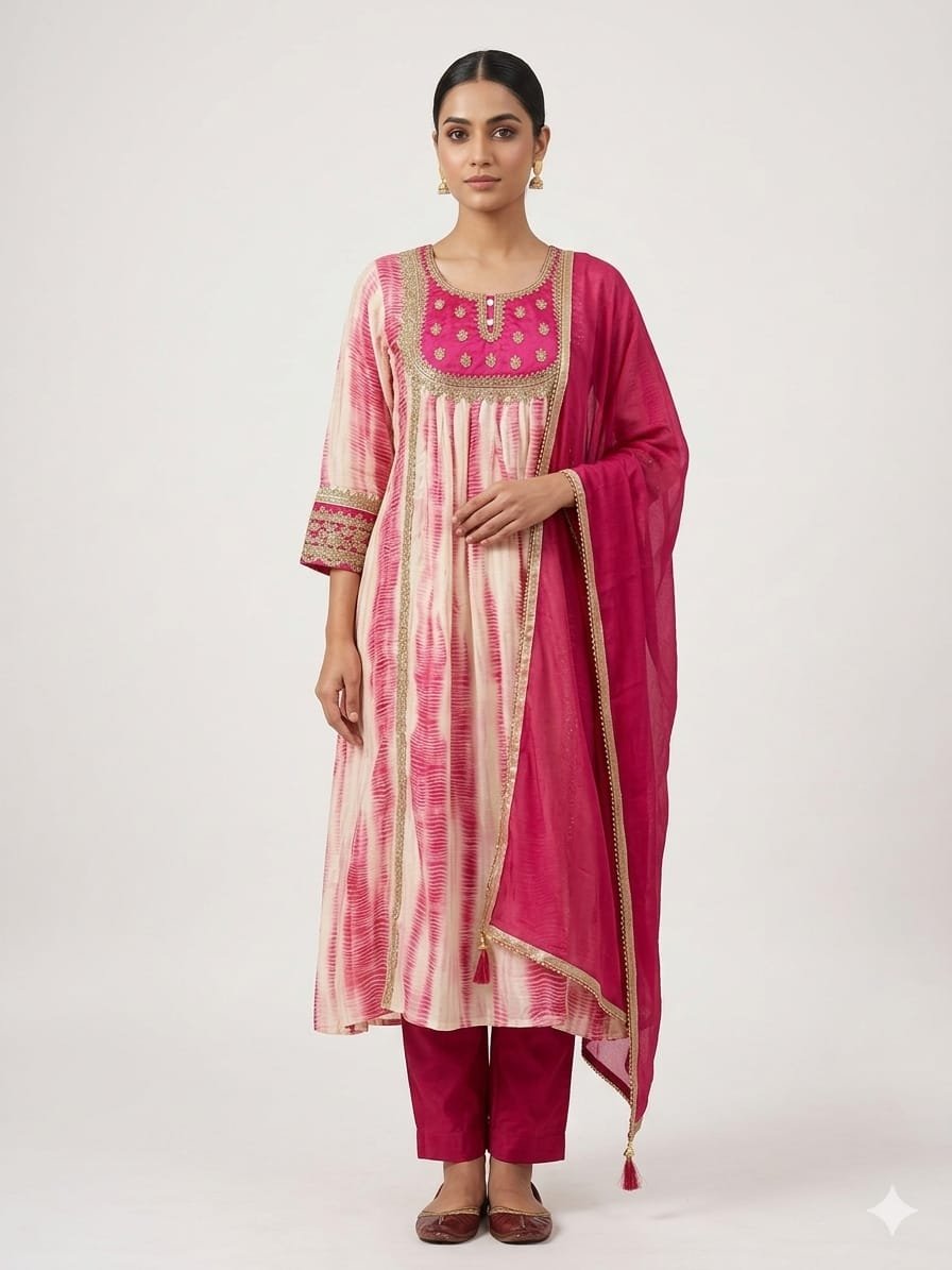 Pink & Ivory Pure Muslin Leheriya Kurta Set with Magenta Soft Cotton Dupatta