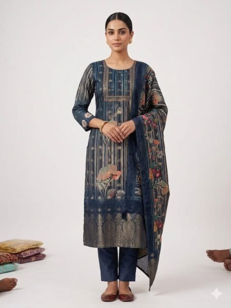 Navy Blue Chanderi Silk Digital Print Kurta Set with Banarasi Dupatta
