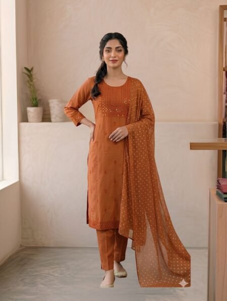 Rust Orange Roman Silk Embroidered Kurta Set with Gold Foil Dot Georgette Dupatta